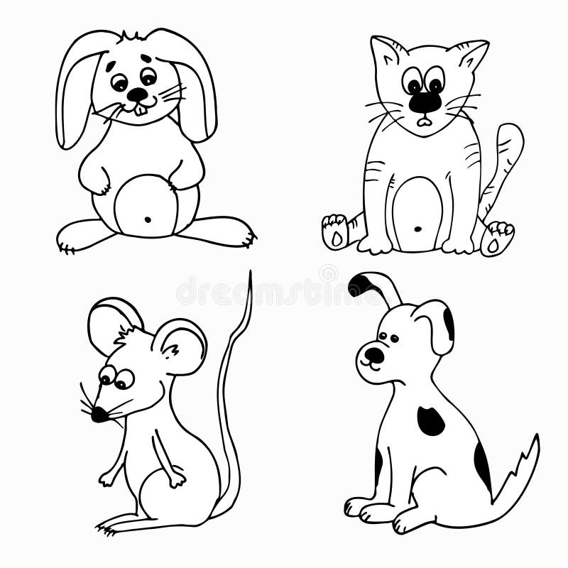 Vector Illustration of Animal Coloring Page. Cat, Dog, Mouse and Rabbit.  Stock Vector - Illustration of funny, beige: 205425269