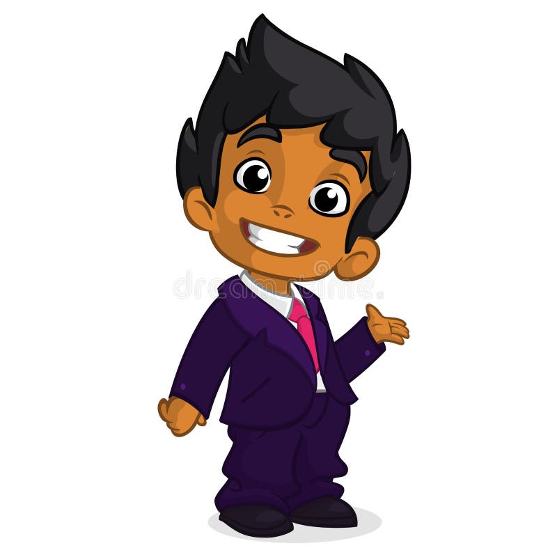 Vector illustration of a arab boy in man's clothes. Cartoon of a young boy dressed up in a business blue suit presenting stock illustration Vector illustration of a arab boy in man's clothes. Cartoon of a young boy dressed up in a business blue suit presenting stock illustration