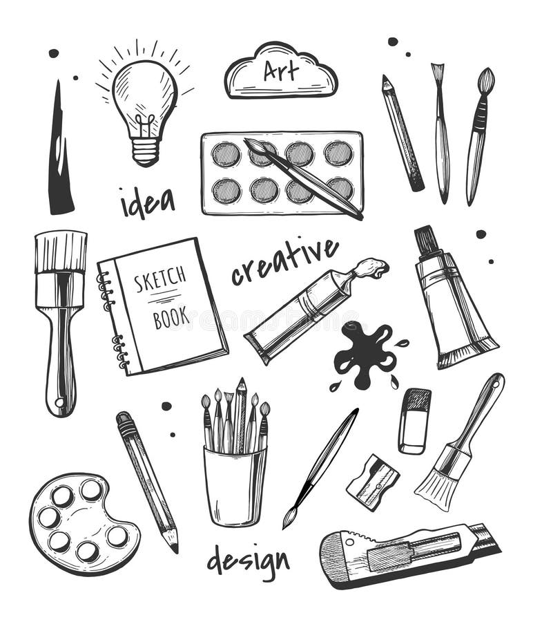 Art materials and artist supplies. Sketching, drawing and painting tools  icons Stock Vector by ©IconicBestiary 306117526