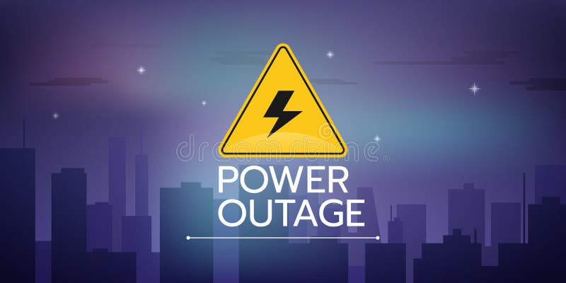 Vector illustration of the banner of a Power outage with a warning sign is on the background of the night city stock illustration