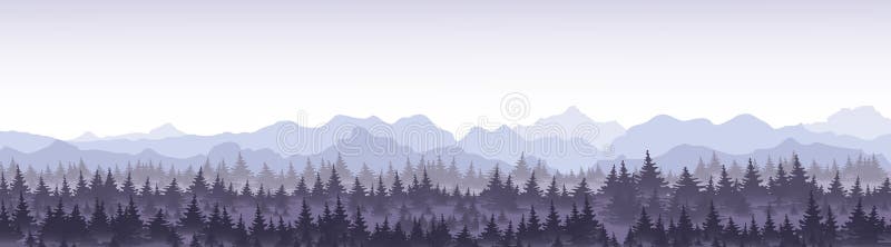 Vector illustration of beautiful panoramic view blue mountains in the fog with pine forest. stock illustration