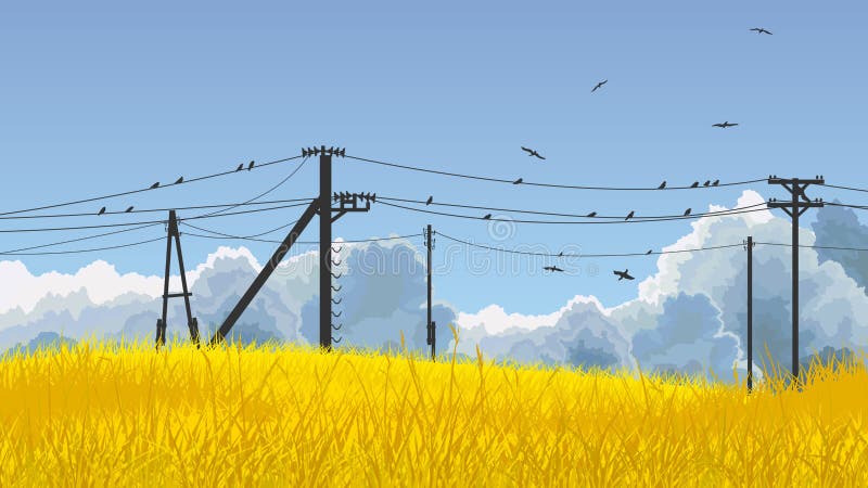 Vector illustration of birds in sky and on power line. stock illustration