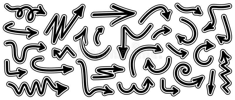 Dynamic black wavy and curved arrow icons with bold white outlines royalty free illustration