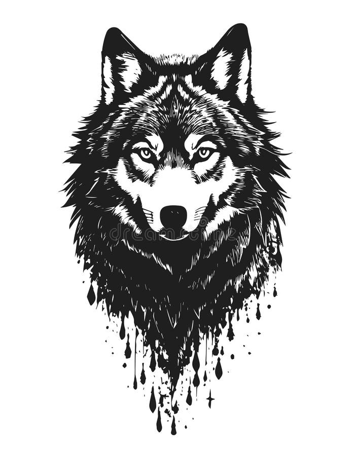 Vector Illustration with Black and White Hand Drawn Wolf Head. Stock