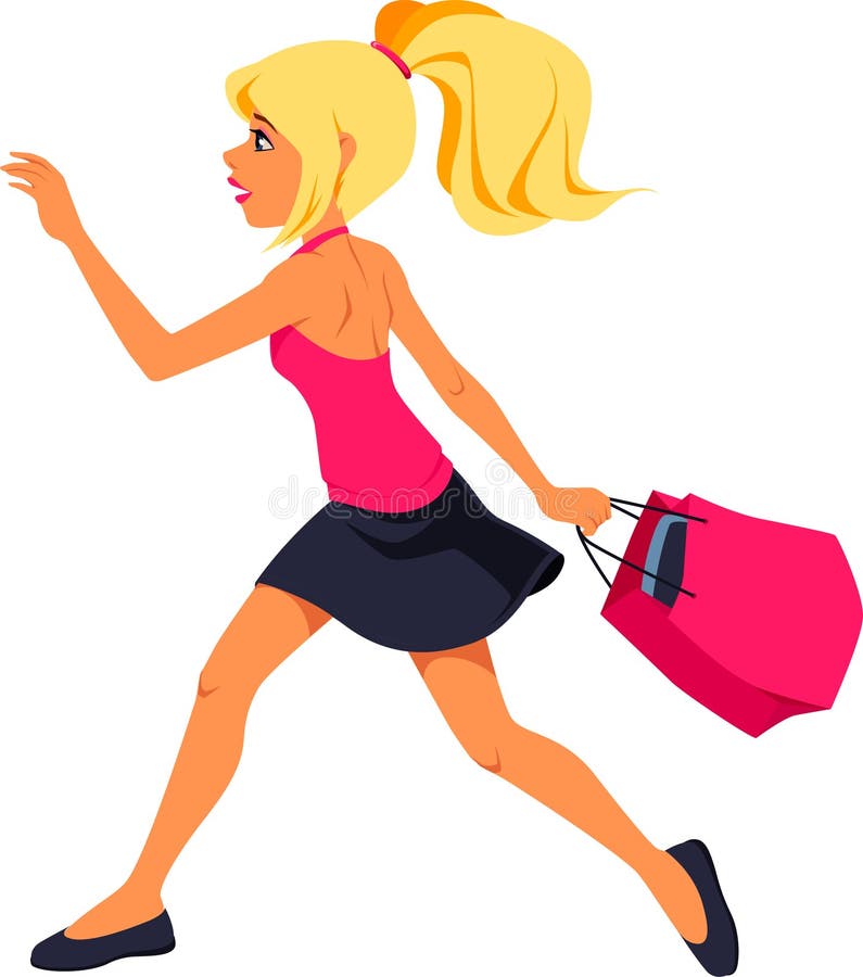 Vector illustration of a blonde girl running with a shopping bag