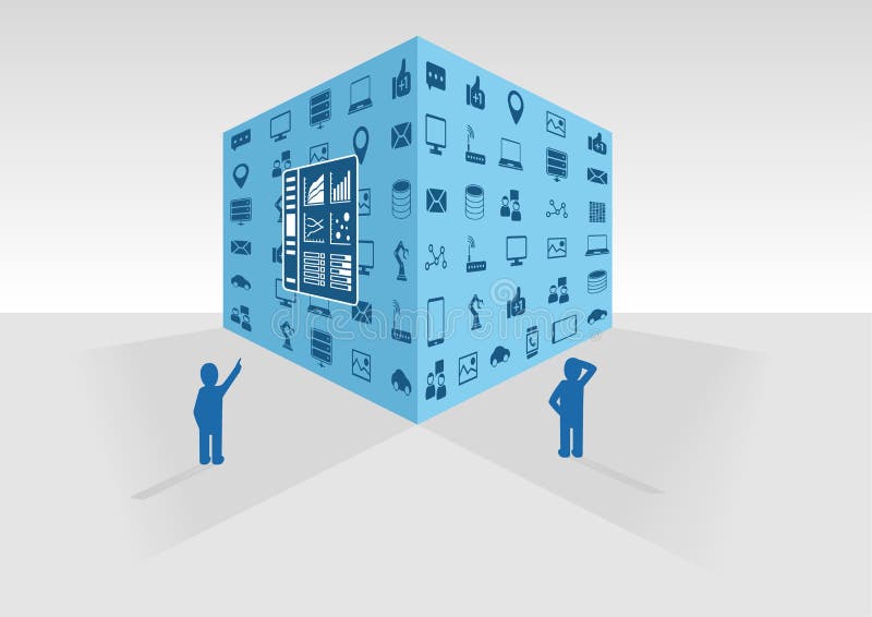 Vector illustration of blue big data cube on grey background. Two persons looking at big data and business intelligence data royalty free illustration