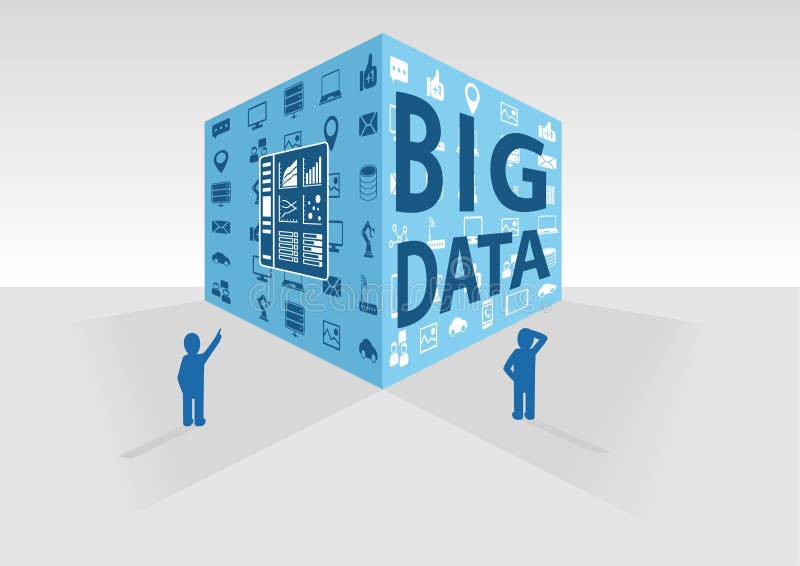 Vector illustration of blue big data cube on grey background. Two persons looking at big data and business intelligence data vector illustration
