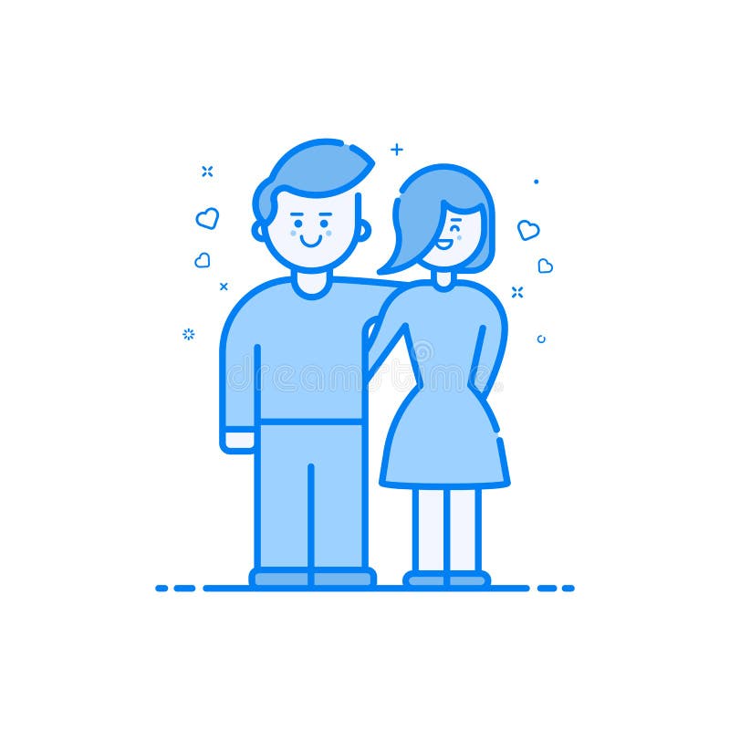 Vector illustration of blue icon in flat line style. Linear blue cute and happy boy and girl.