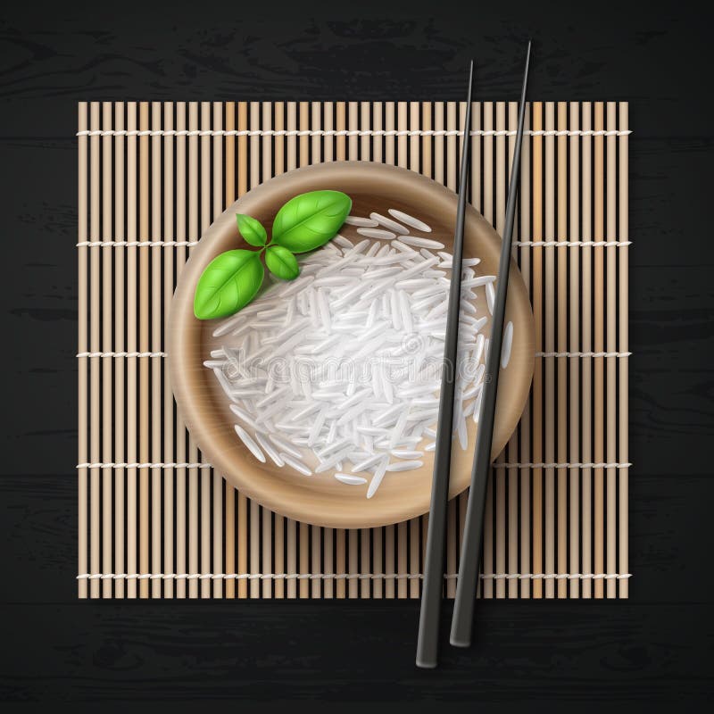 Vector illustration of bowl full of rice grains and basil with chopsticks on bamboo mat