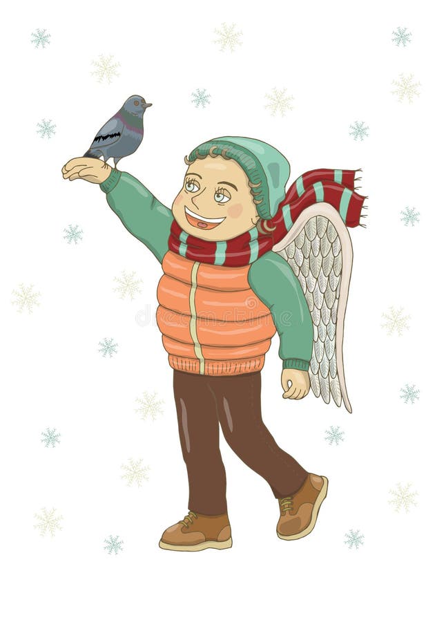 Vector illustration of a boy with angel wings, in winter clothes, holding a pigeon and smiling. In boots, vest, hat, scarf, trouse stock illustration Vector illustration of a boy with angel wings, in winter clothes, holding a pigeon and smiling. In boots, vest, hat, scarf, trouse stock illustration