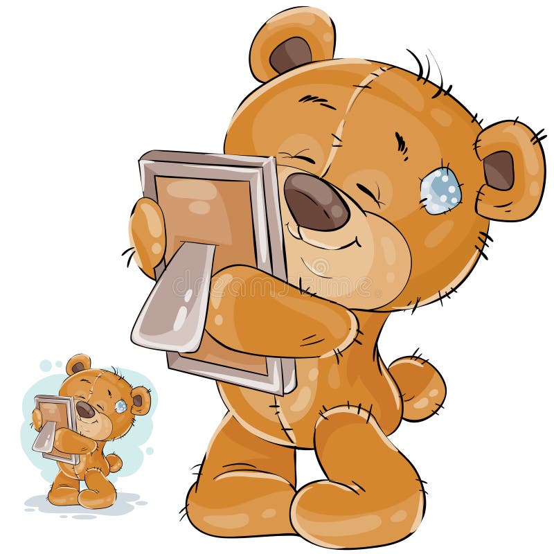 Vector illustration of a brown teddy bear misses someone and hugs a photo