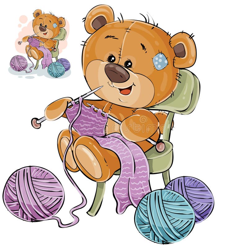 Vector illustration of a brown teddy bear sitting on a chair and knitting something with knitting needles, handicrafts