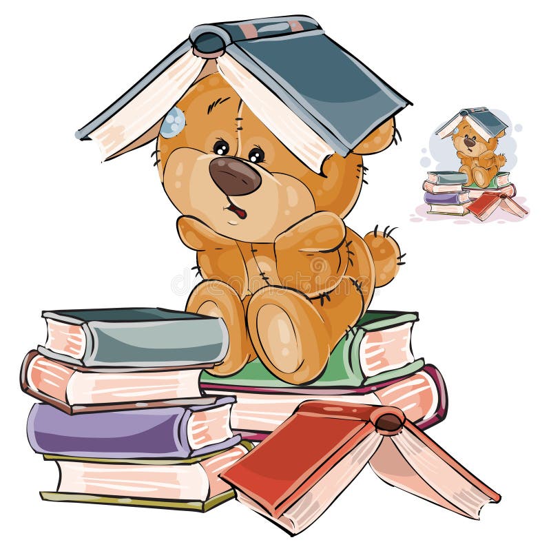 Vector illustration of a brown teddy bear tired of studying and put an open book on his head