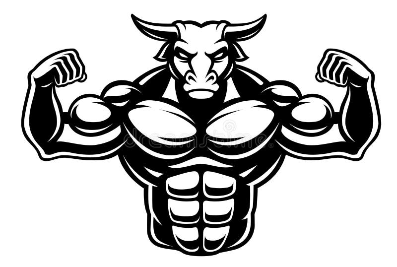 Black and White Illustration of a Bull Bodybuilder Stock Vector