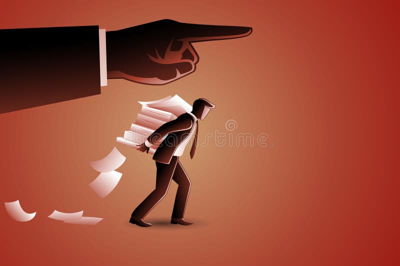 Vector illustration of businessman bearing stack of paperwork on his back under giant hand command vector illustration