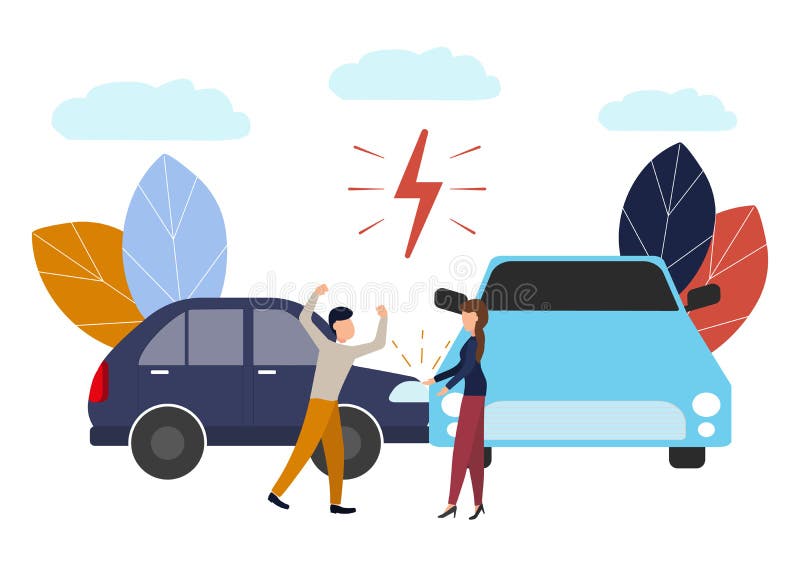 Vector illustration, car accident, flat style, people drivers man and woman swear, non-compliance with traffic rules stock illustration Vector illustration, car accident, flat style, people drivers man and woman swear, non-compliance with traffic rules stock illustration