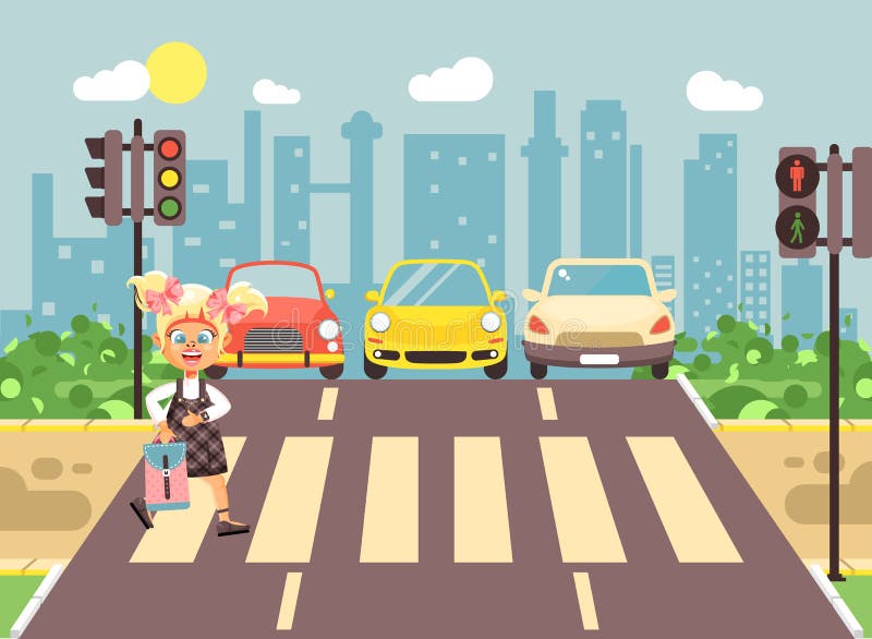 Vector illustration cartoon character child, observance traffic rules, lonely blonde girl schoolchild schoolgirl go to