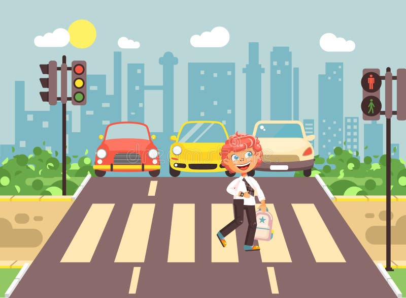 Vector illustration cartoon character child, observance traffic rules, lonely redhead boy schoolchild schoolboy go to