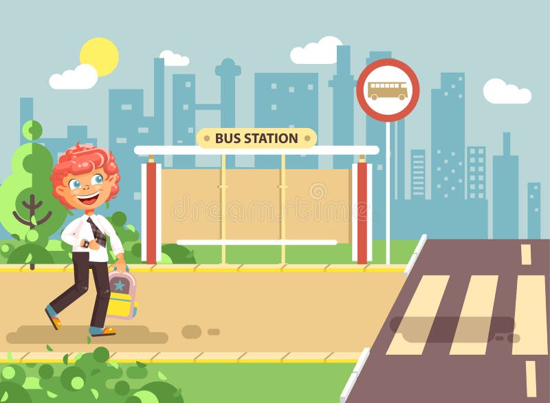 Vector illustration cartoon characters child, observance traffic rules, lonely redhead boy schoolchild, pupil go to road