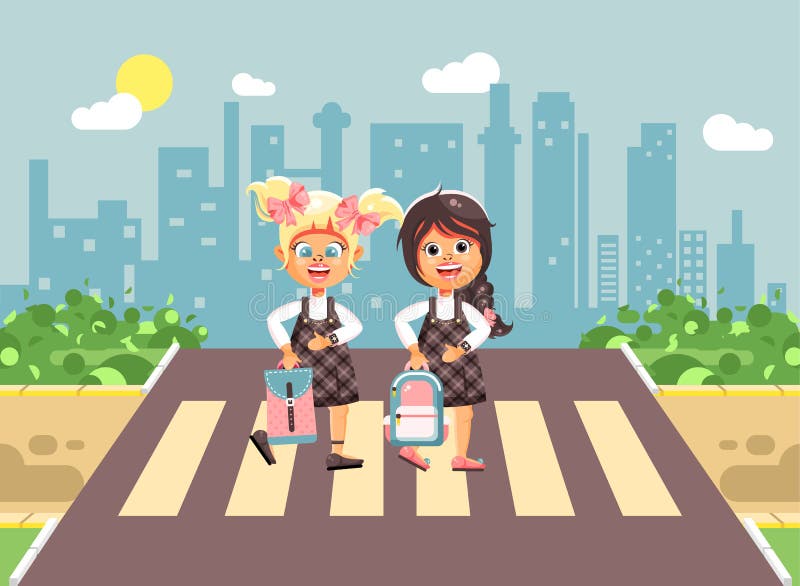 Vector illustration cartoon characters children, observance traffic rules, girls schoolgirls, classmates pupils go to