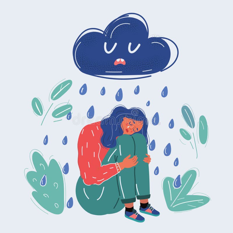 Vector Illustration Of Cartoon Girl Under Rainy Clouds Stock Vector ...
