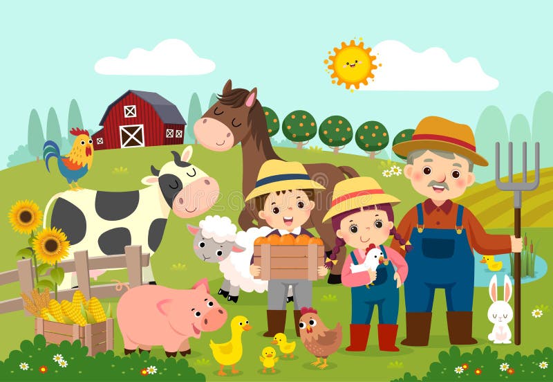 Cartoon of happy farmer and kids with farm animals on the farm