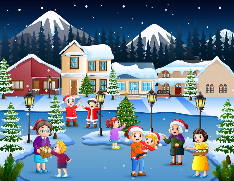 Cartoon of happy kid and family playing in the snowing village