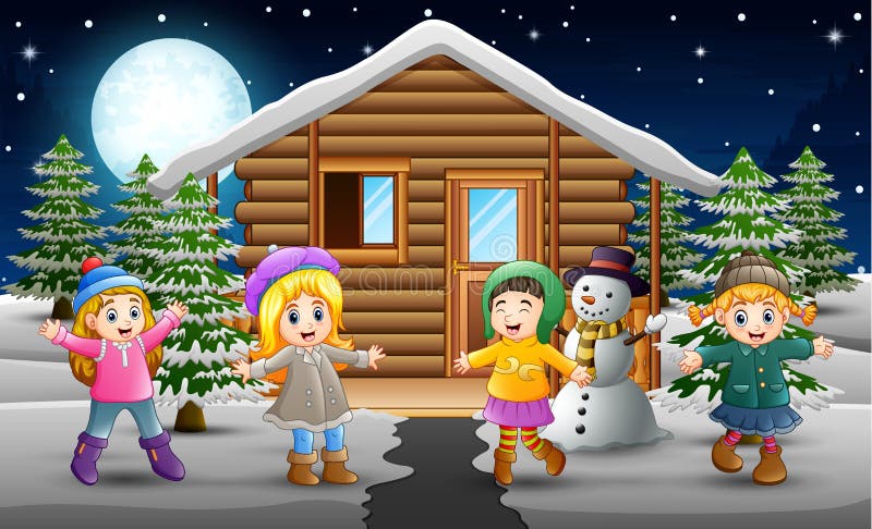 Cartoon of Happy kids wearing a winter clothes in front of the snowing village