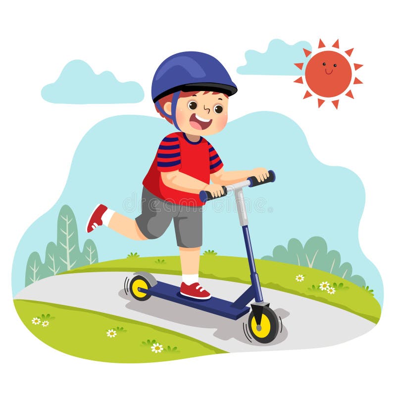 Cartoon of little boy riding two-wheeled scooter in the park