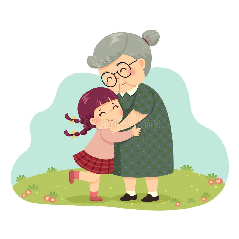 Cartoon of a little girl hugging her grandmother in the park