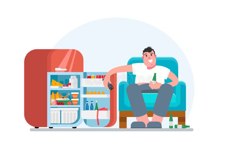 Vector illustration of a cartoon man watching TV, drinking beer, sitting on the couch near the open fridge.