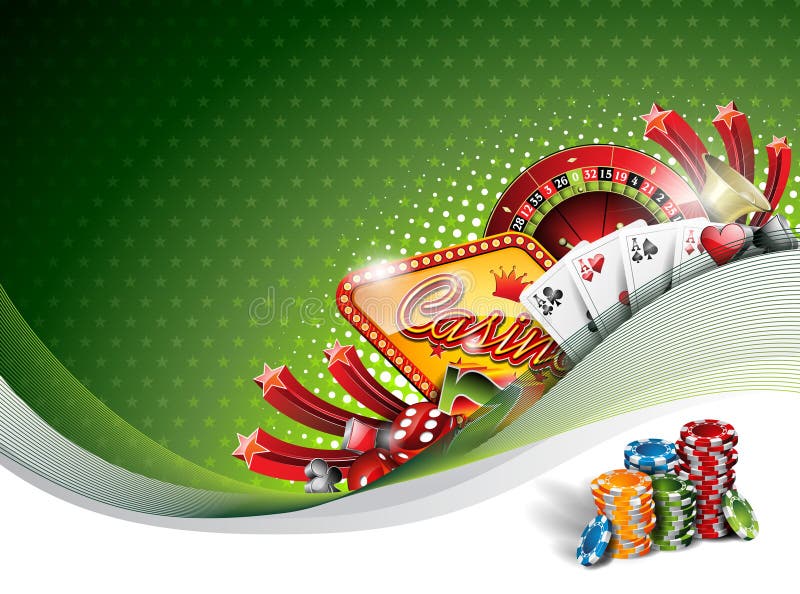 Vector illustration on a casino theme with gambling elements on green background. Golden poker vectors