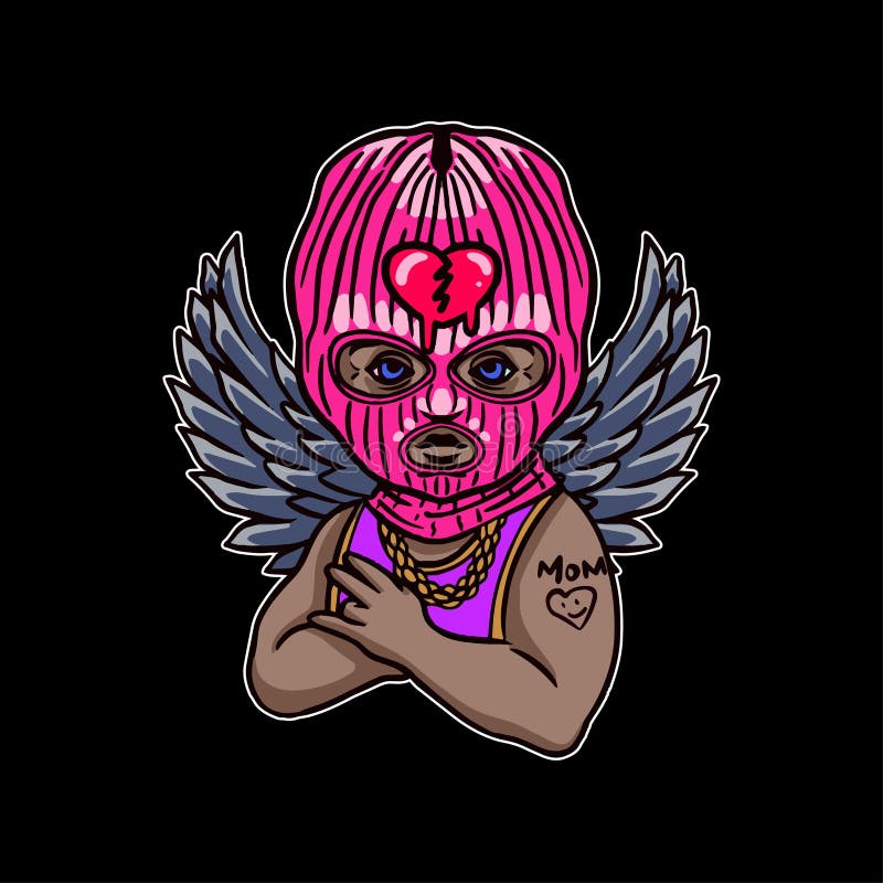 Vector illustration of a cherub in a pink balaclava with wings and heart.