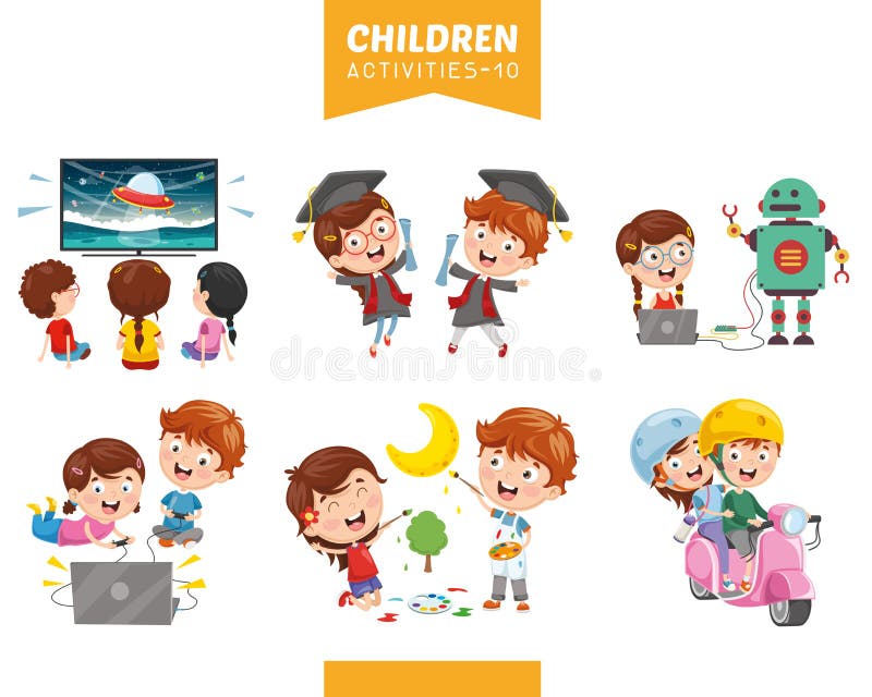 vector flat kids activity in kindergarten set. girl and boy having