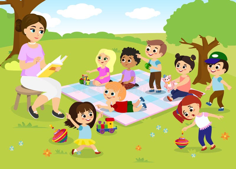 Kids playing at the park with adult Royalty Free Vector