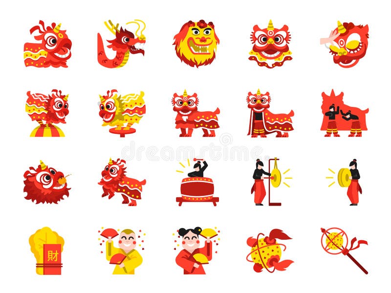 Vettore un illustrazioni cinese danza colore impostato composto da icone.