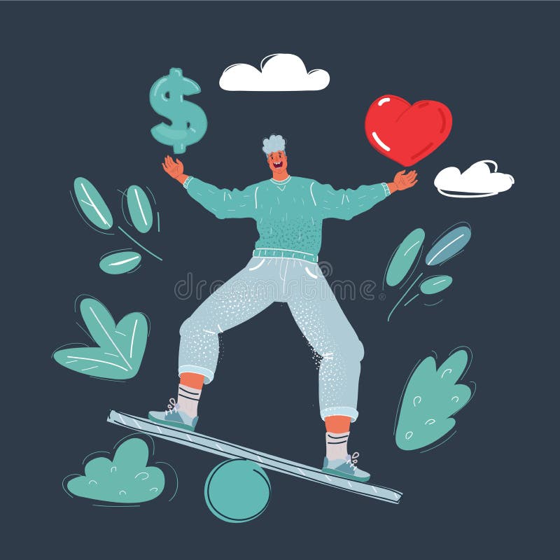 Vector Illustration of Choice between Love and Money, Man Balanced in