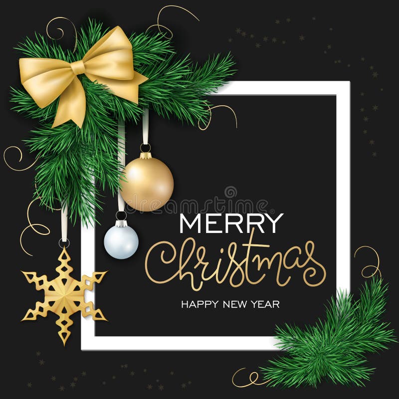 Vector illustration of christmas card with frame, christmas ornament, hanging on fir-tree branches and lettering royalty free illustration Vector illustration of christmas card with frame, christmas ornament, hanging on fir-tree branches and lettering royalty free illustration