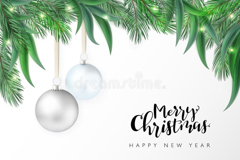 Vector illustration of christmas greeting card template with hand lettering label - merry christmas - with realistic