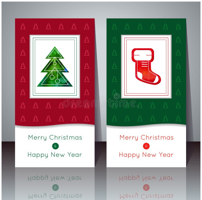 Vector illustration. Christmas and New Year greeting card. Winter cards with Christmas tree and Christmas sock. Holiday design. Pa