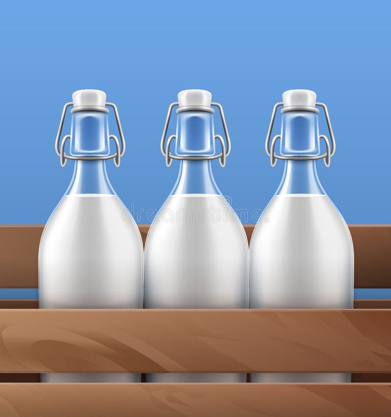 Retro glass milk bottles with wood box and glass 3D model