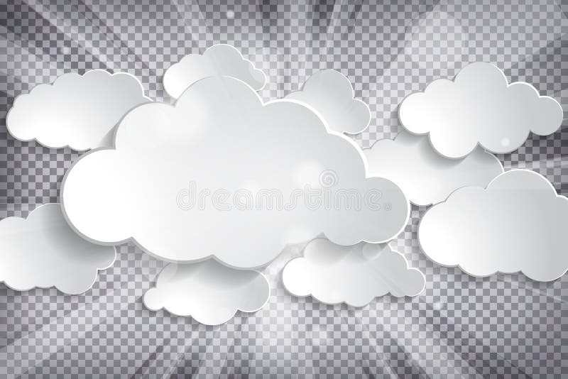 Vector illustration of clouds set with sun rays on chequered b