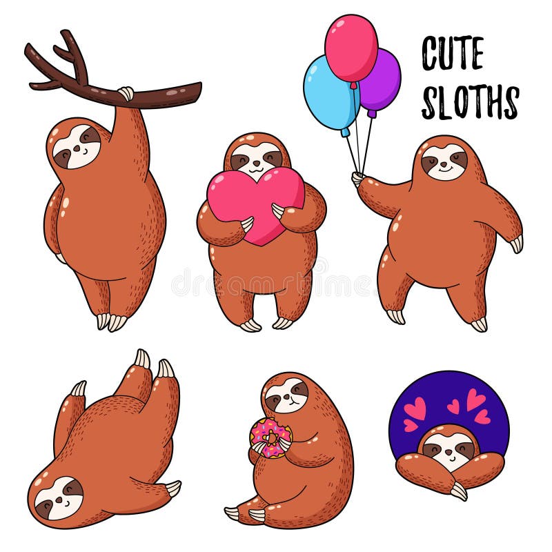 Vector illustration. Collection of cute cartoon sloths. Funny cartoon cute fat sloth vectors