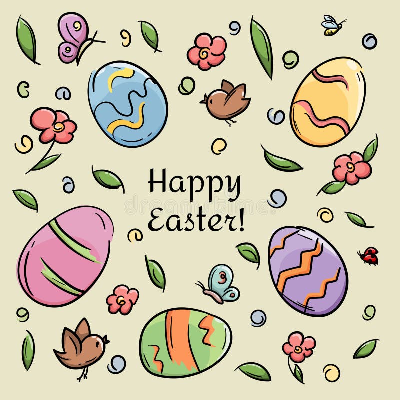 Vector illustration with colored eggs, flowers and leaves. Happy Easter text. Bright Easter card royalty free illustration