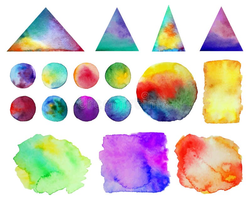 Vector illustration. . Colorful watercolor splashes isolated on white background. Rainbow blots. Hand drawn geometric