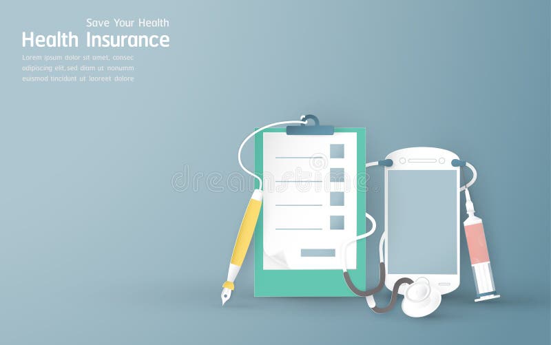 illustration in concept of health insurance. Template element design is on pastel blue background for cover, web banner, . Craft, benefit.