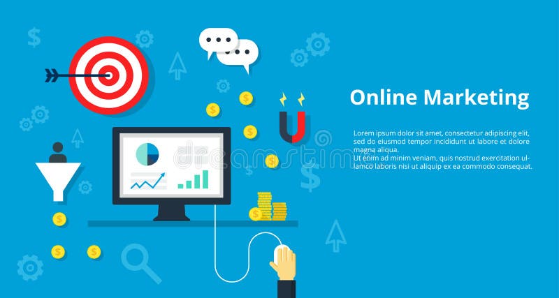 Vector illustration concept for management, strategy, online marketing, inetnet advertising with icons set of modern business work stock illustration Vector illustration concept for management, strategy, online marketing, inetnet advertising with icons set of modern business work stock illustration