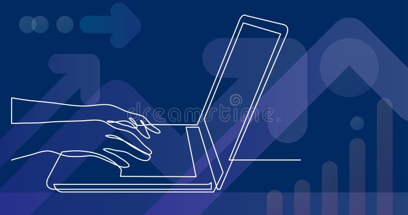 Continuous line drawing of hands typing on laptop computer stock illustration