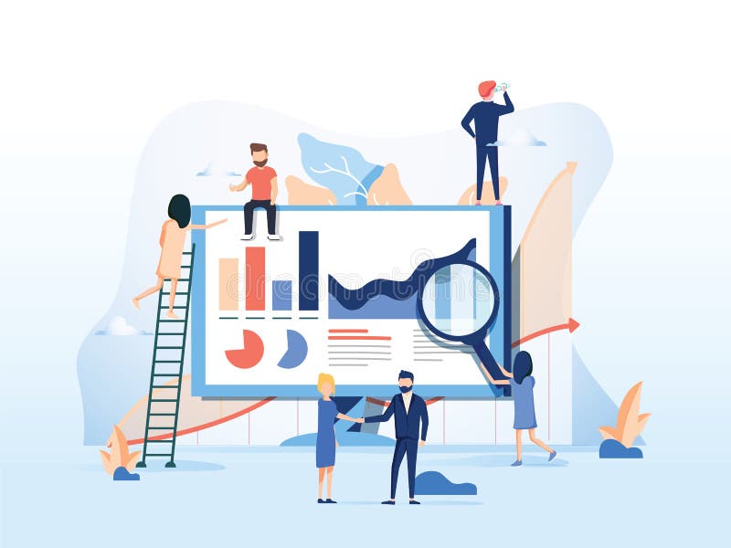 Vector illustration. Creative teamwork. People are building a business project on the Internet. The monitor screen royalty free illustration