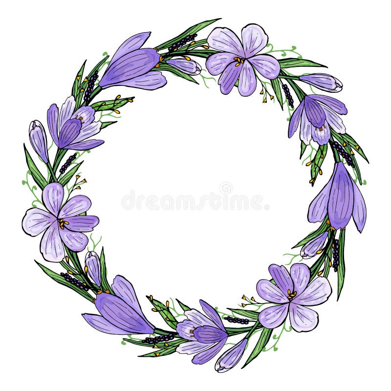 Vector illustration of Crocus wreath with hyacinth and herbs. Hand-drawn spring frame of violet and yellow flowers and green stock illustration Vector illustration of Crocus wreath with hyacinth and herbs. Hand-drawn spring frame of violet and yellow flowers and green stock illustration